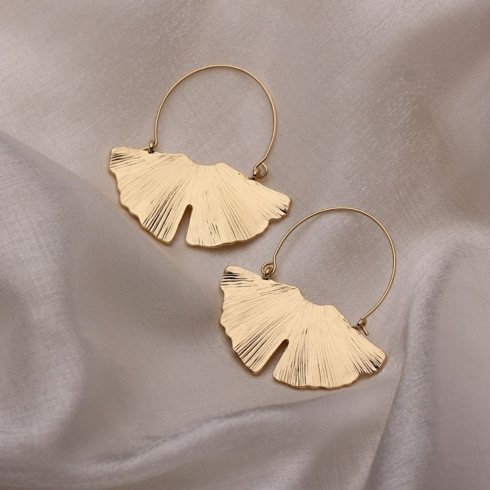 Anthropologie Golden Ginko Leaf Earrings Yellow Gold Floral Hoop Statement NEW